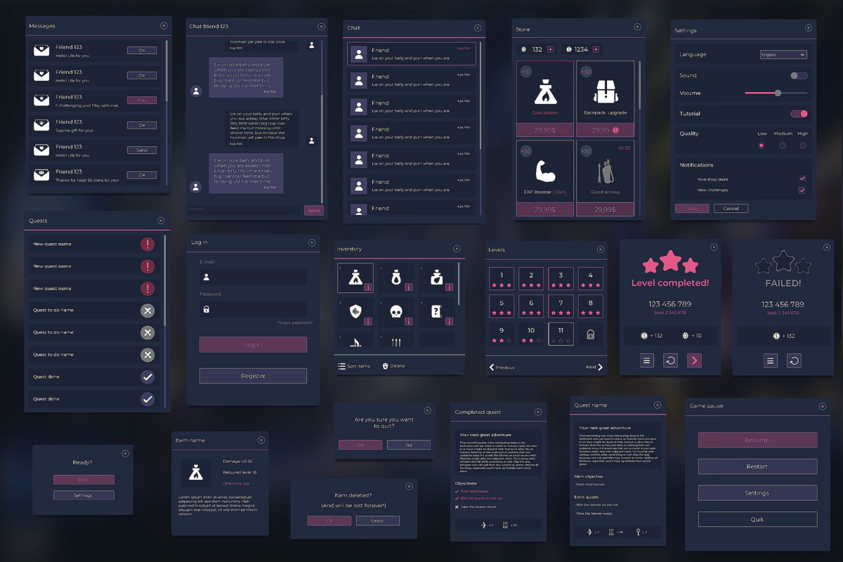 Flat Dark Themed GUI / UI Kit - over 600 PNG !